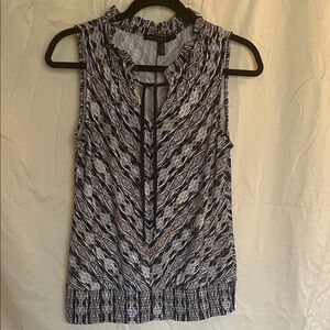White House Black Market Navy and White Patterned Blouse